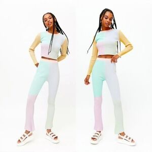 The Ragged Priest Solstice Cropped Ribbed Knit Pants in Pastel Colorblock Sz Lrg